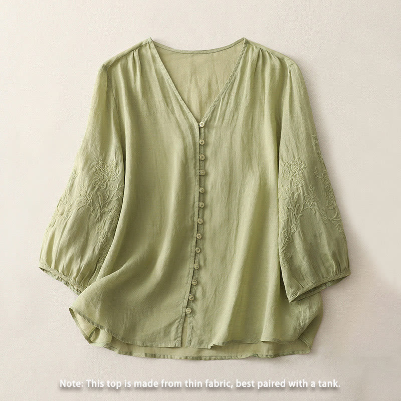 Camisa de lino y algodón con botones y bordado de Buddha Stones para mujer - image 1