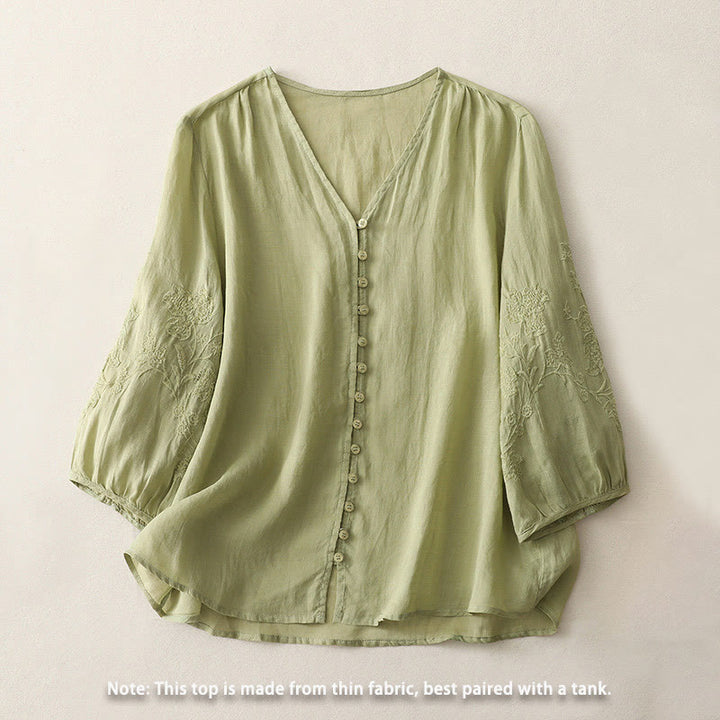 Camisa de lino y algodón con botones y bordado de Buddha Stones para mujer - image 1