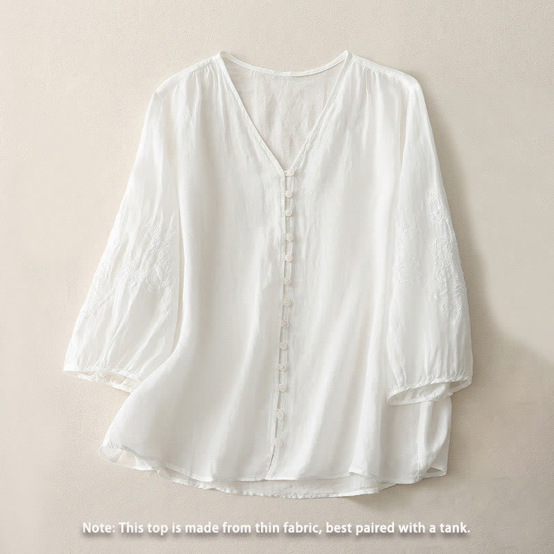 Camisa de lino y algodón con botones y bordado de Buddha Stones para mujer - image 7