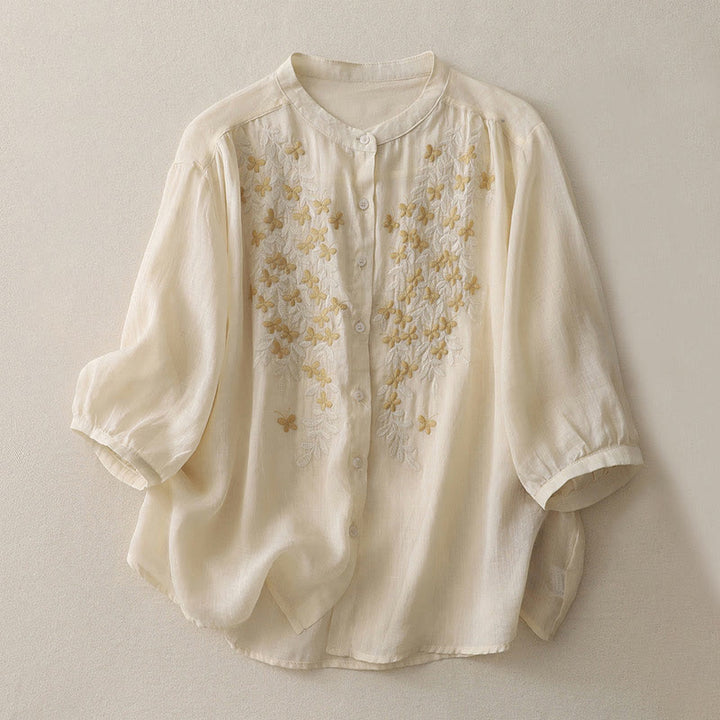 Camisa de lino y algodón para mujer con bordado de flores y Buddha Stones, de botonadura sencilla - Encaje antiguo - US14，UK/AU18，EU46 (2XL) - image 0