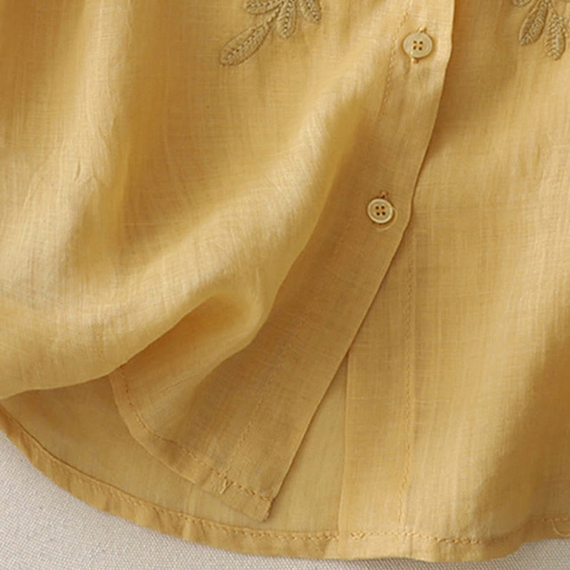 Camisa de lino y algodón para mujer con bordado de flores y Buddha Stones, de botonadura sencilla - image 10