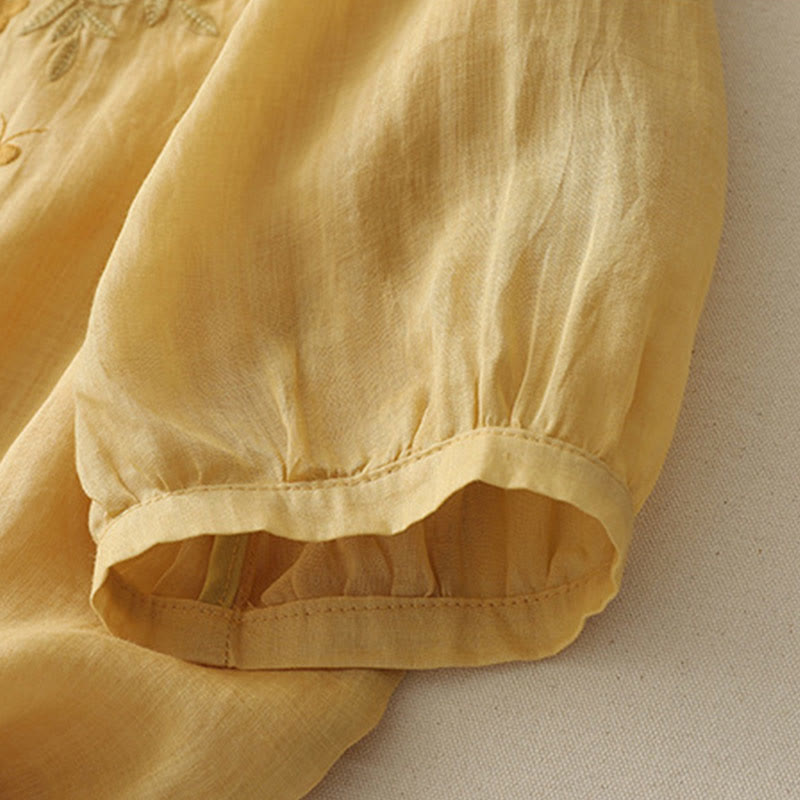 Camisa de lino y algodón para mujer con bordado de flores y Buddha Stones, de botonadura sencilla - image 9