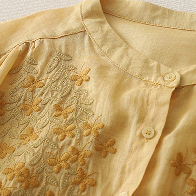 Camisa de lino y algodón para mujer con bordado de flores y Buddha Stones, de botonadura sencilla - image 16