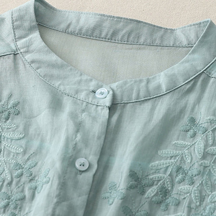 Camisa de lino y algodón para mujer con bordado de flores y Buddha Stones, de botonadura sencilla - image 22