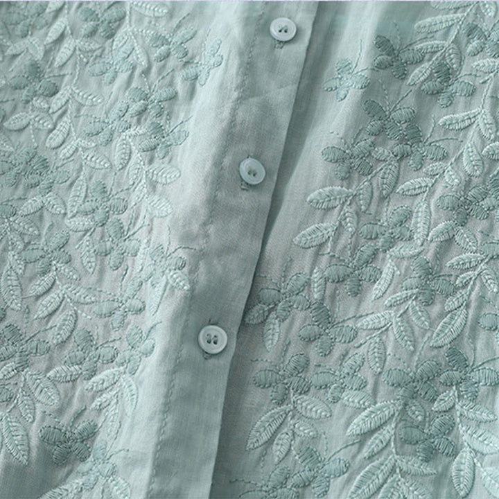 Camisa de lino y algodón para mujer con bordado de flores y Buddha Stones, de botonadura sencilla - image 24