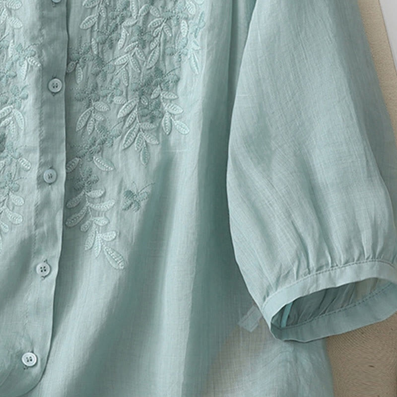 Camisa de lino y algodón para mujer con bordado de flores y Buddha Stones, de botonadura sencilla - image 23