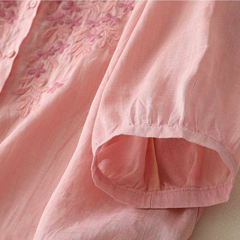 Camisa de lino y algodón para mujer con bordado de flores y Buddha Stones, de botonadura sencilla - image 29