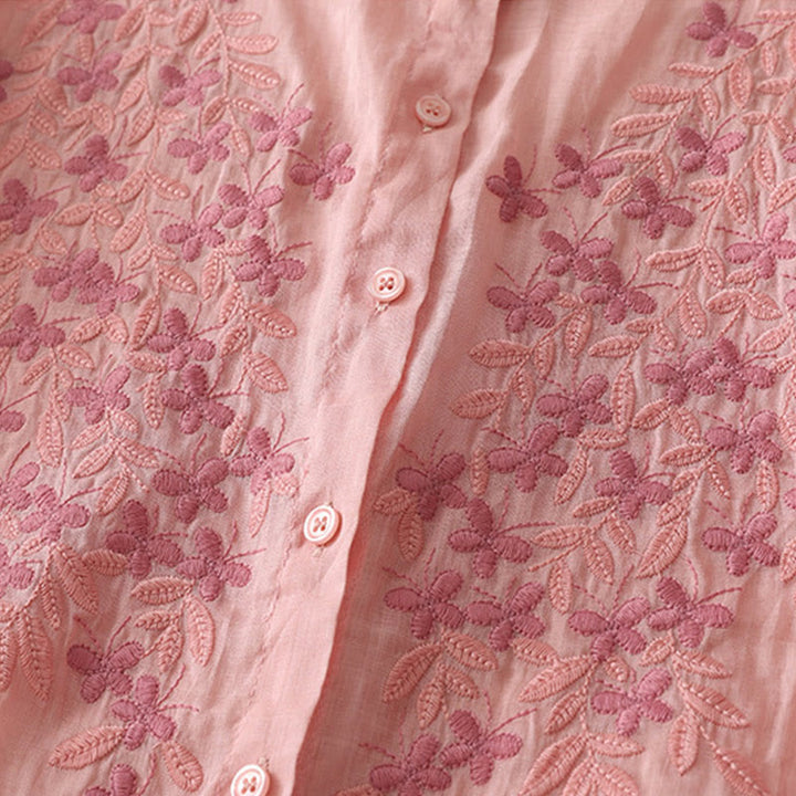 Camisa de lino y algodón para mujer con bordado de flores y Buddha Stones, de botonadura sencilla - image 39