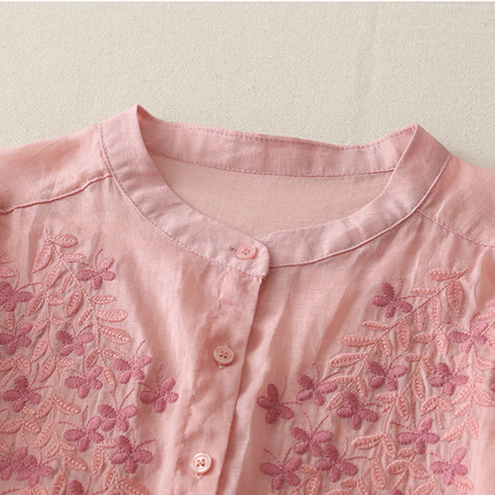 Camisa de lino y algodón para mujer con bordado de flores y Buddha Stones, de botonadura sencilla - image 37