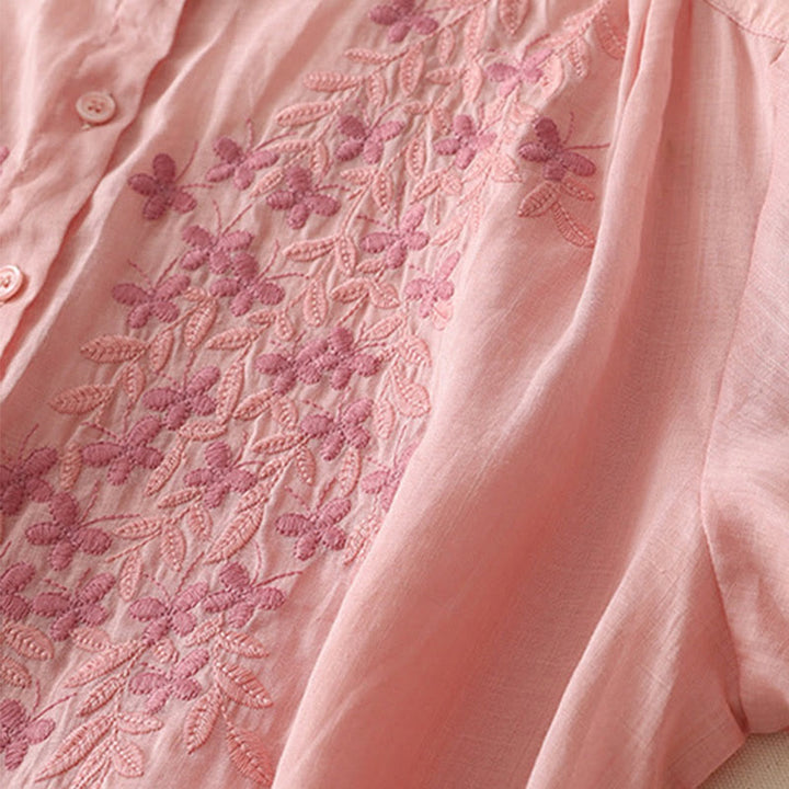 Camisa de lino y algodón para mujer con bordado de flores y Buddha Stones, de botonadura sencilla - image 35