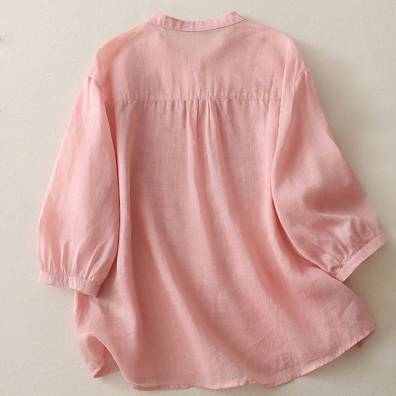 Camisa de lino y algodón para mujer con bordado de flores y Buddha Stones, de botonadura sencilla - image 28