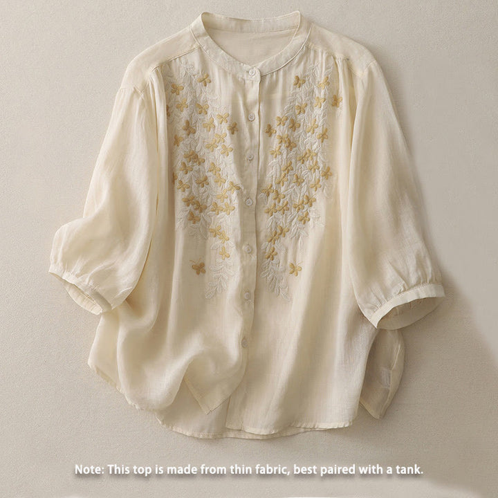 Camisa de lino y algodón para mujer con bordado de flores y Buddha Stones, de botonadura sencilla - image 1