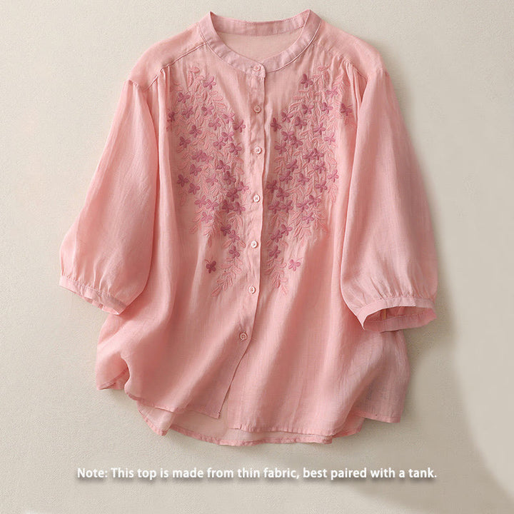 Camisa de lino y algodón para mujer con bordado de flores y Buddha Stones, de botonadura sencilla - image 27