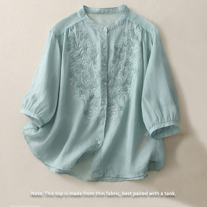 Camisa de lino y algodón para mujer con bordado de flores y Buddha Stones, de botonadura sencilla - image 20