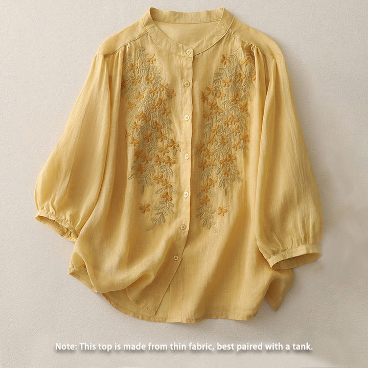 Camisa de lino y algodón para mujer con bordado de flores y Buddha Stones, de botonadura sencilla - image 8