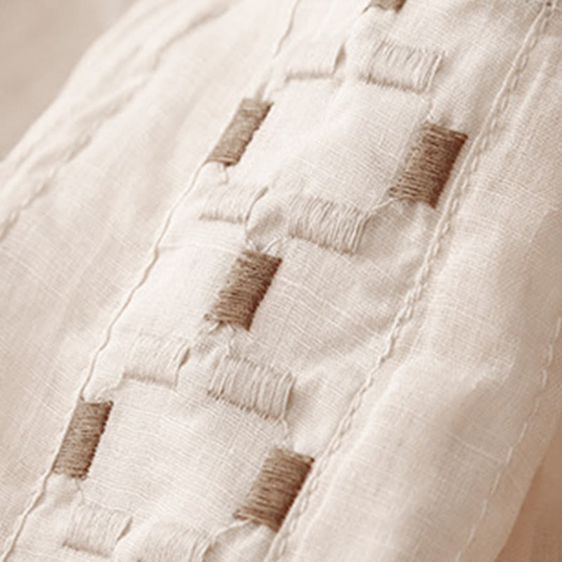 Camiseta de algodón y lino para mujer, de media manga, con cuello redondo, pliegues y bordado de Buddha Stones - image 4