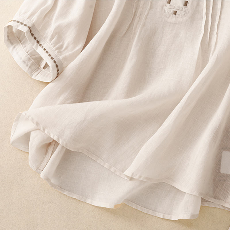 Camiseta de algodón y lino para mujer, de media manga, con cuello redondo, pliegues y bordado de Buddha Stones - image 10