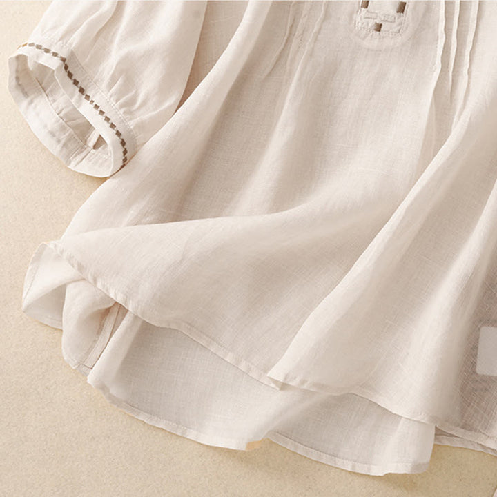 Camiseta de algodón y lino para mujer, de media manga, con cuello redondo, pliegues y bordado de Buddha Stones - image 10