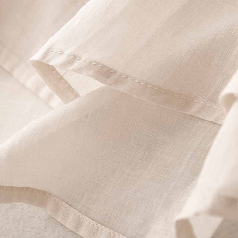 Camiseta de algodón y lino para mujer, de media manga, con cuello redondo, pliegues y bordado de Buddha Stones - image 6