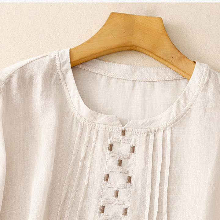 Camiseta de algodón y lino para mujer, de media manga, con cuello redondo, pliegues y bordado de Buddha Stones - image 2