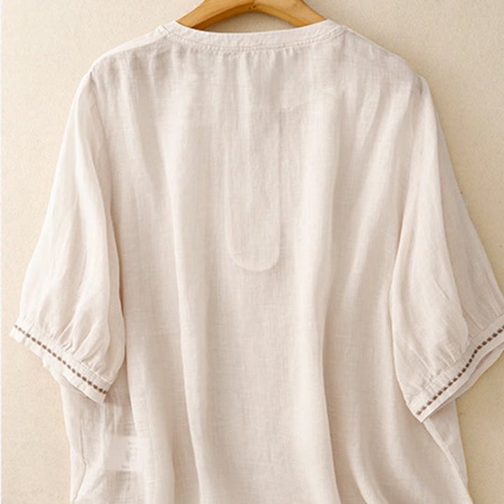 Camiseta de algodón y lino para mujer, de media manga, con cuello redondo, pliegues y bordado de Buddha Stones - image 3