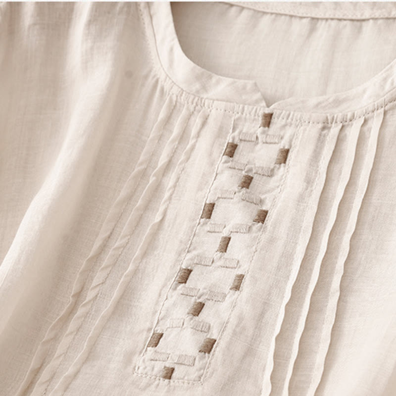 Camiseta de algodón y lino para mujer, de media manga, con cuello redondo, pliegues y bordado de Buddha Stones - image 9