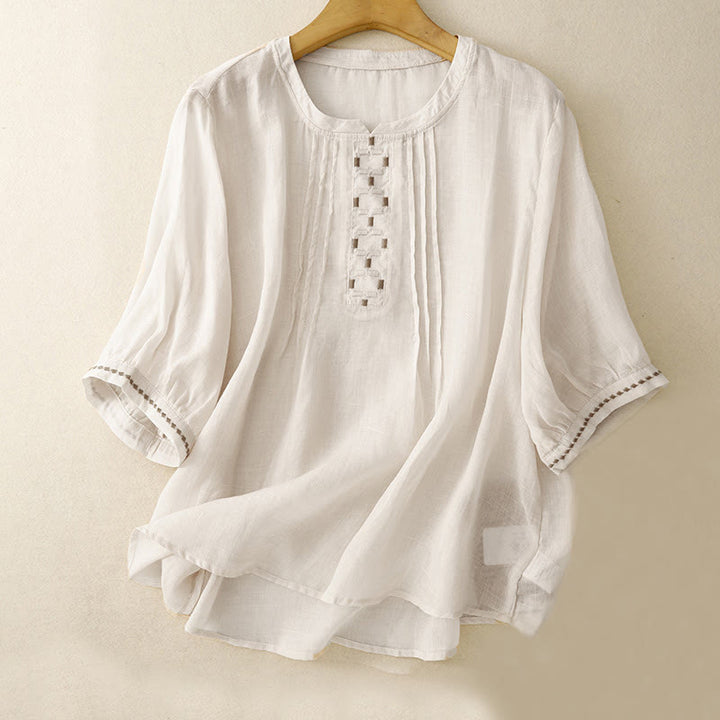 Camiseta de algodón y lino para mujer, de media manga, con cuello redondo, pliegues y bordado de Buddha Stones - Beige - US14，UK/AU18，EU46 (2XL) - image 0