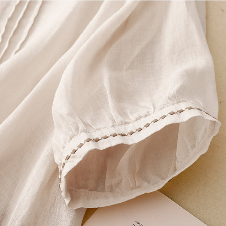 Camiseta de algodón y lino para mujer, de media manga, con cuello redondo, pliegues y bordado de Buddha Stones - image 7