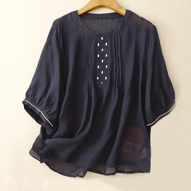 Camiseta de algodón y lino para mujer, de media manga, con cuello redondo, pliegues y bordado de Buddha Stones - Azul medianoche - US14，UK/AU18，EU46 (2XL) - image 11