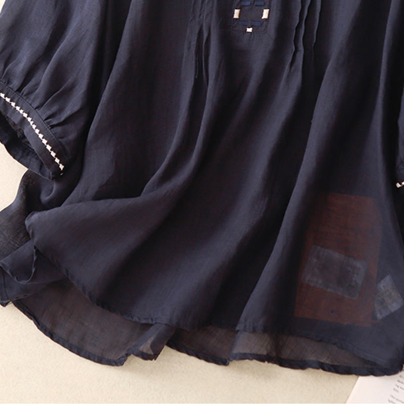 Camiseta de algodón y lino para mujer, de media manga, con cuello redondo, pliegues y bordado de Buddha Stones - image 15