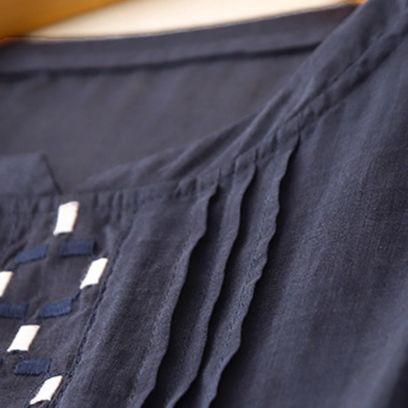 Camiseta de algodón y lino para mujer, de media manga, con cuello redondo, pliegues y bordado de Buddha Stones - image 14