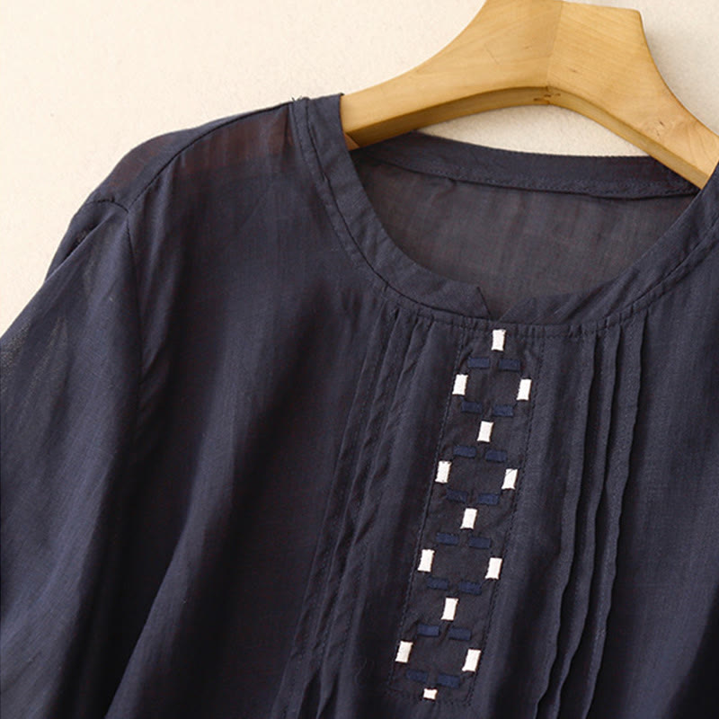 Camiseta de algodón y lino para mujer, de media manga, con cuello redondo, pliegues y bordado de Buddha Stones - image 16