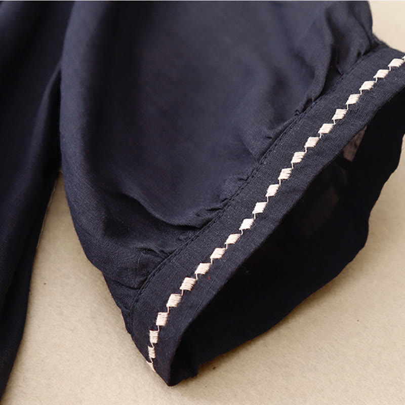 Camiseta de algodón y lino para mujer, de media manga, con cuello redondo, pliegues y bordado de Buddha Stones - image 17