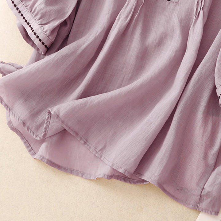 Camiseta de algodón y lino para mujer, de media manga, con cuello redondo, pliegues y bordado de Buddha Stones - image 23