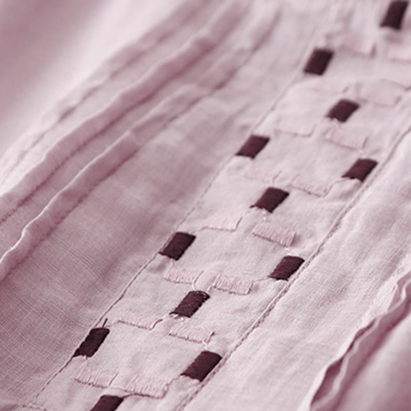 Camiseta de algodón y lino para mujer, de media manga, con cuello redondo, pliegues y bordado de Buddha Stones - image 20