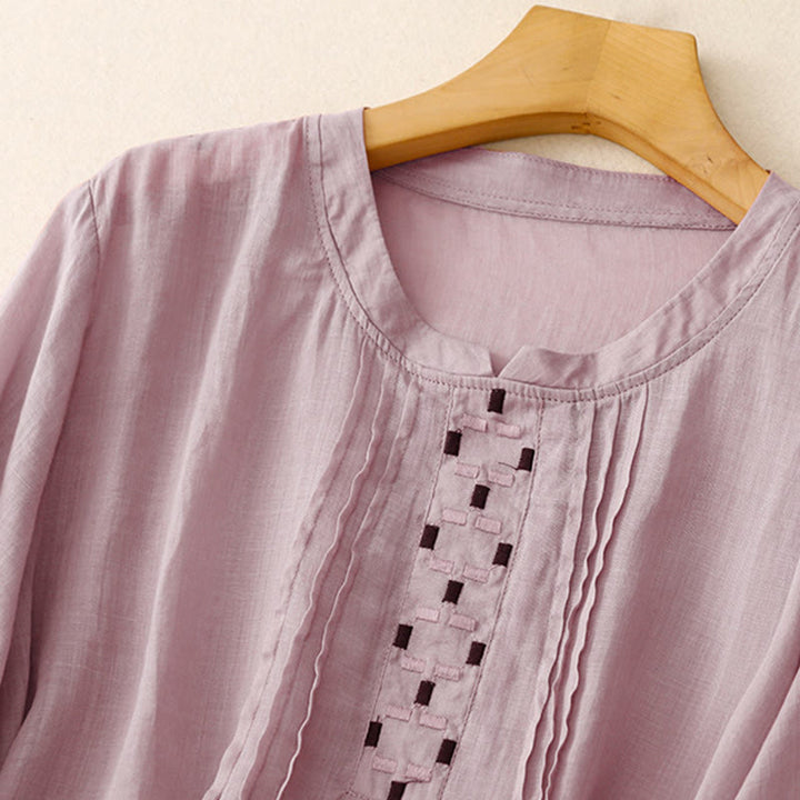 Camiseta de algodón y lino para mujer, de media manga, con cuello redondo, pliegues y bordado de Buddha Stones - image 24