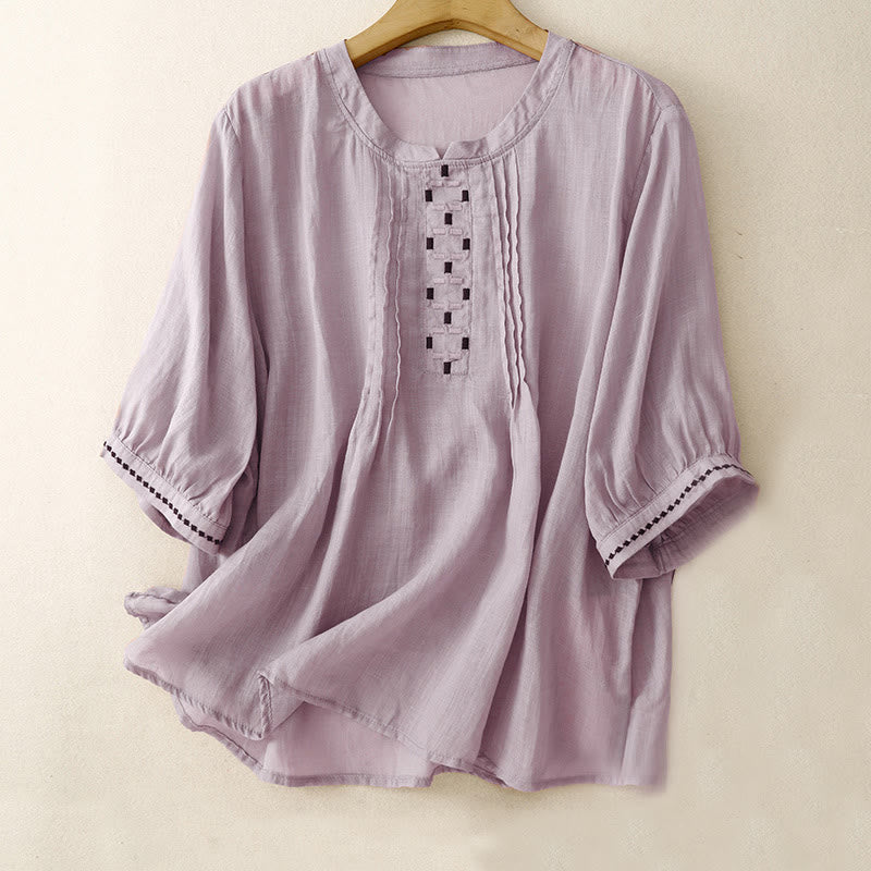 Camiseta de algodón y lino para mujer, de media manga, con cuello redondo, pliegues y bordado de Buddha Stones - Ciruela - US14，UK/AU18，EU46 (2XL) - image 18