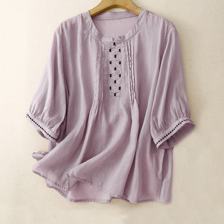 Camiseta de algodón y lino para mujer, de media manga, con cuello redondo, pliegues y bordado de Buddha Stones - Ciruela - US14，UK/AU18，EU46 (2XL) - image 18