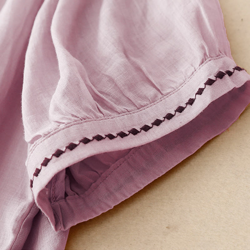 Camiseta de algodón y lino para mujer, de media manga, con cuello redondo, pliegues y bordado de Buddha Stones - image 22