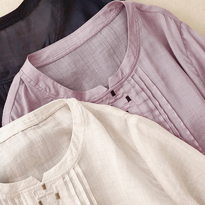 Camiseta de algodón y lino para mujer, de media manga, con cuello redondo, pliegues y bordado de Buddha Stones - image 26