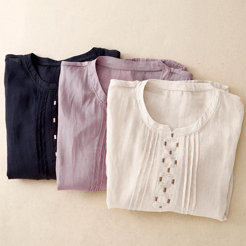 Camiseta de algodón y lino para mujer, de media manga, con cuello redondo, pliegues y bordado de Buddha Stones - image 25