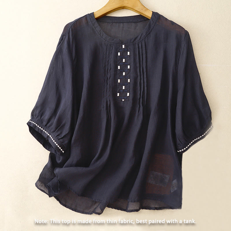 Camiseta de algodón y lino para mujer, de media manga, con cuello redondo, pliegues y bordado de Buddha Stones - image 12