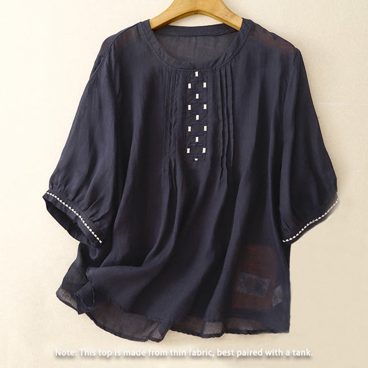 Camiseta de algodón y lino para mujer, de media manga, con cuello redondo, pliegues y bordado de Buddha Stones - image 12