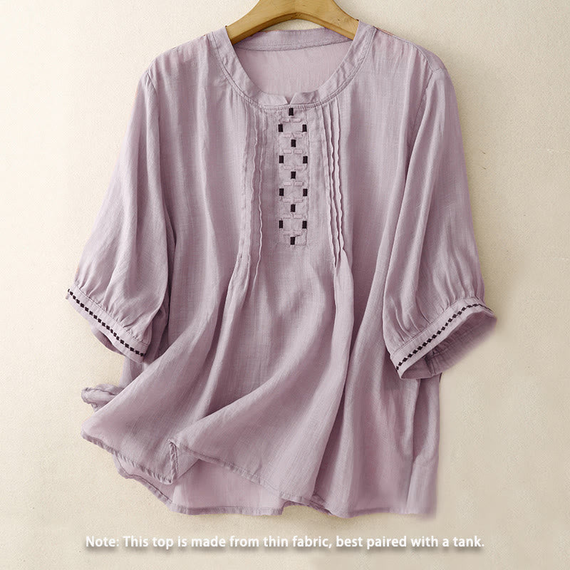 Camiseta de algodón y lino para mujer, de media manga, con cuello redondo, pliegues y bordado de Buddha Stones - image 19