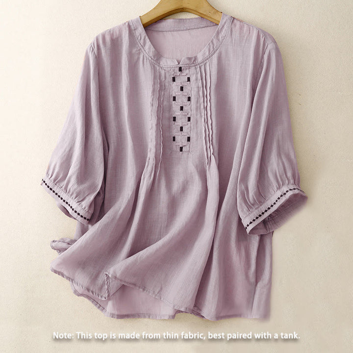 Camiseta de algodón y lino para mujer, de media manga, con cuello redondo, pliegues y bordado de Buddha Stones - image 19