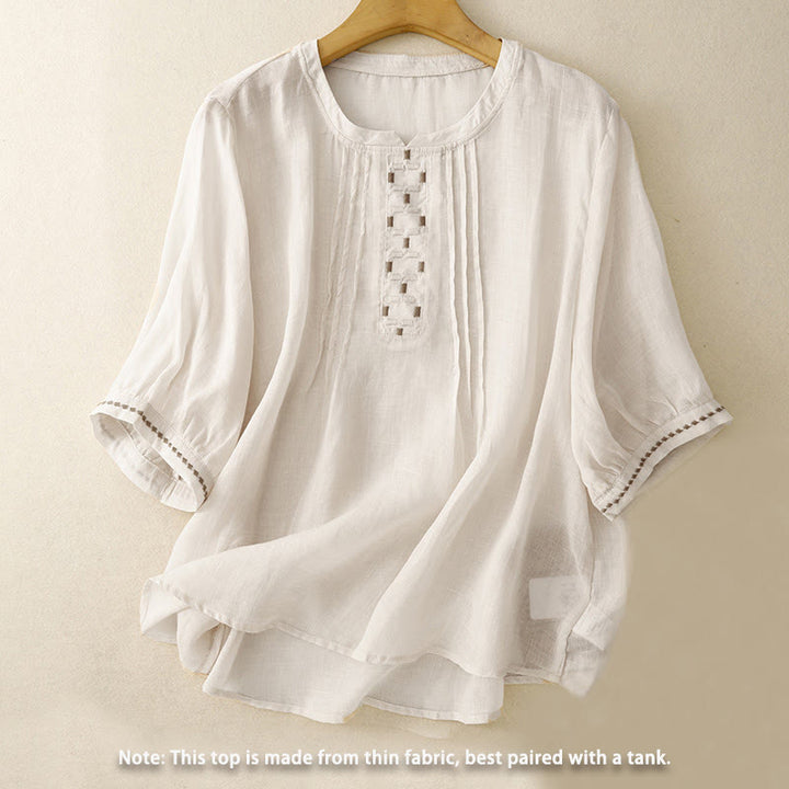 Camiseta de algodón y lino para mujer, de media manga, con cuello redondo, pliegues y bordado de Buddha Stones - image 1