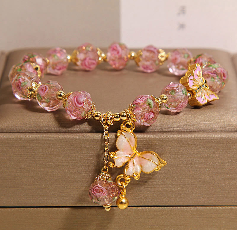 Pulsera Liuli con dije de mariposa y flor rosa de Buddha Stones - Liuli rosa (circunferencia de la muñeca: 18 cm) - image 7