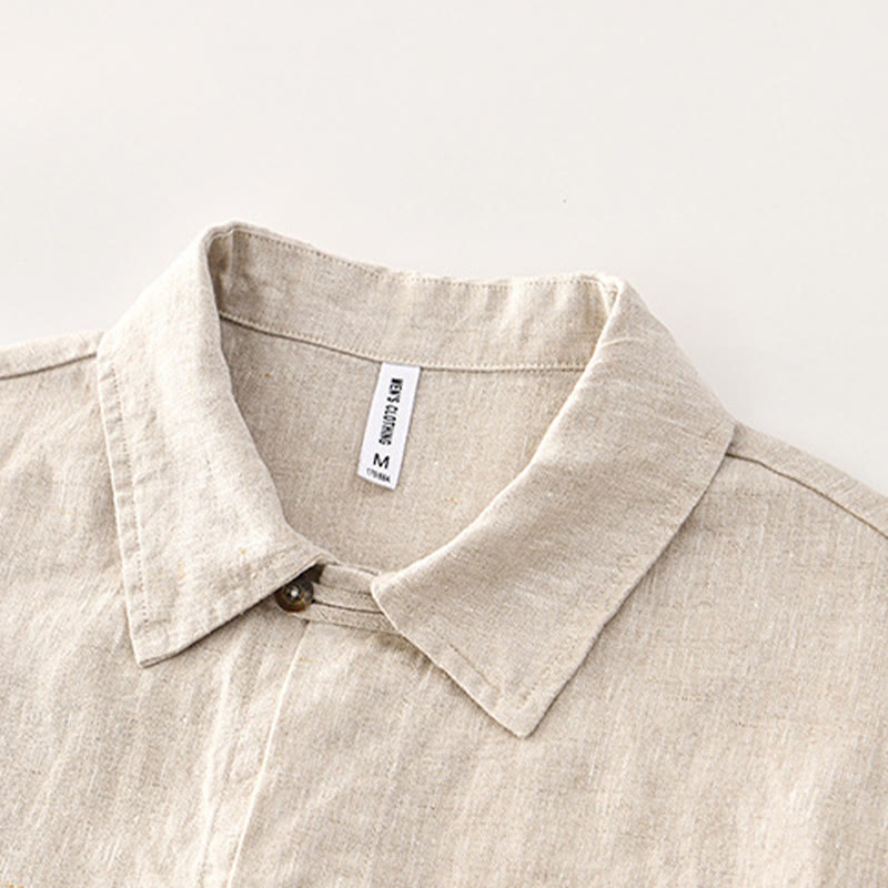 Camisa de lino de manga corta para hombre con botones de color liso y bolsillos de Buddha Stones - image 1
