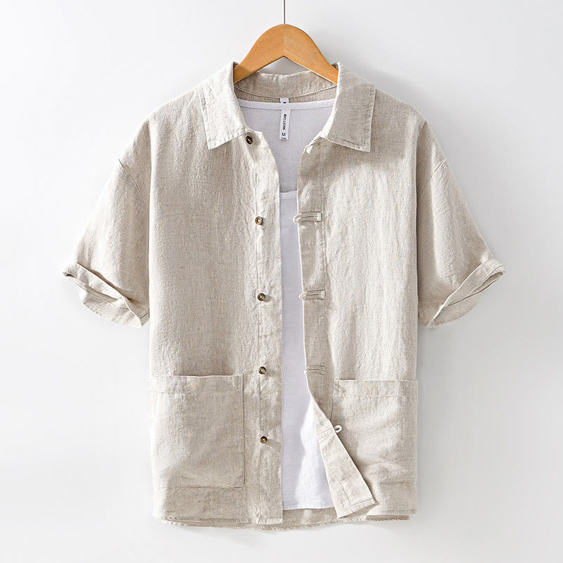 Camisa de lino de manga corta para hombre con botones de color liso y bolsillos de Buddha Stones - Beige - US/UK/AU42, EU52 (3XL) - image 0
