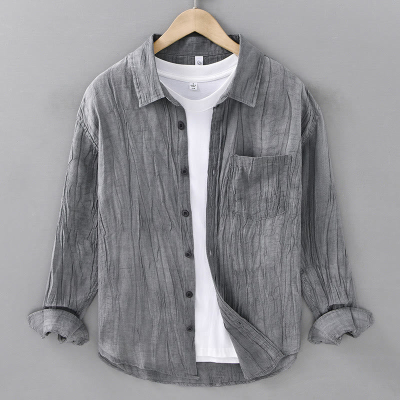 Camisa de lino ramio de manga larga para hombre con bolsillos y botones plisados ​​retro Buddha Stones - Gris pizarra claro - US/UK/AU42, EU52 (3XL) - image 1